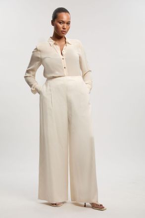 Karen Millen Womens Plus Size Tailored Linen Wide Leg Trouser - White Lyocell - Size 22 UK