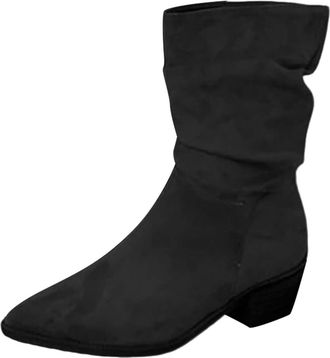 Generic Womens Fashion Solid Color Short Boots Suede Pointed Toe Back Heel Short Heel Mid Calf Boots Over The Knee Leather Boots for Women (Black, 5.5)