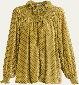 Burberry Velvet Smocked Ruffle Blouse