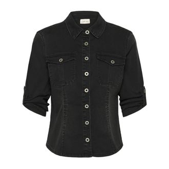 Cream Denim shirt met &frac34; mouwen en zakken - Dames - Blouses & Shirts - Zwart - Maat: XS Denim