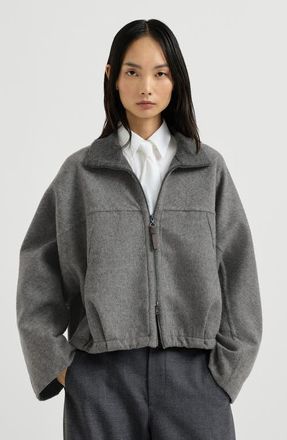 Brunello Cucinelli Hand-crafted bomber jacket in virgin wool double cloth with shiny zipper pull in Dark Grey at Nordstrom, Size 46