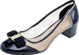 Ferragamo Black Patent Leather And Mesh Vara Bow Block Heel Pumps