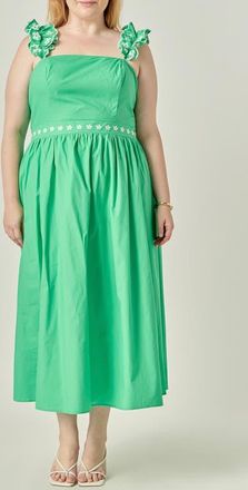English Factory Flower Embroidered Ruffle Midi Dress in Green at Nordstrom, Size 1X
