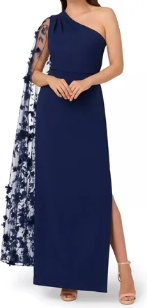 Aidan Mattox One Shoulder Floral Cape Sleeve Dress In Navy