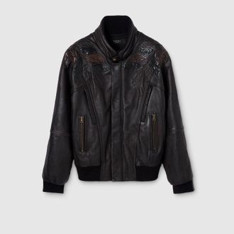 Gucci Leather With Aged Effect Bomber Jacket, Brown