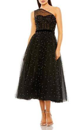 Mac Duggal Womens One Shoulder Pearl Beaded Midi Ballgown in Black at Nordstrom, Size 12