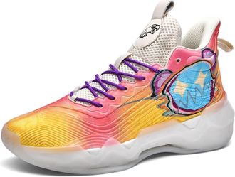 Generic Unisex Basketball Shoes with High Top Breathable Anti Slip Cushioning Fashionable Graffiti Sports Boots Walking Shoes(Pink Yellow Pink,5.5 UK)