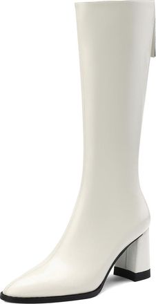 TinaCus Genuine Leather Pointed Toe Handmade Back Zipper Womens Chunky Heels Knee High Boots, Beige, 1.5 UK