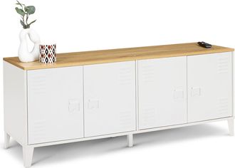 IDMarket Credenza Bassa Ester 140 Cm Con 4 Ante In Metallo Bianco E Piano In Legno Dal Design Industriale