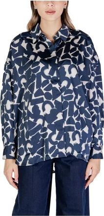 Ichi Shirts, female, Blue, Size: S Geometric Pattern Oversized Collared Shirt