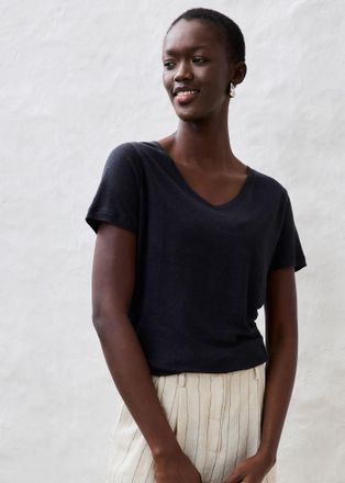 Bonprix T-Shirt BONPRIX Shirt aus reinem Leinen, Damen, Gr. 48/50 (XL), schwarz, Web, Obermaterial: 100% Leinen, unifarben, figurumspielend normal, V-Ausschni