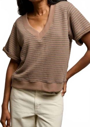 perfectwhitetee Briggs V Neck Sweatshirt In Mocha Charcoal Stripe
