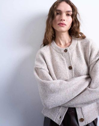 Topshop Cardigan comodo color avena in maglia con cuciture a vista-Bianco