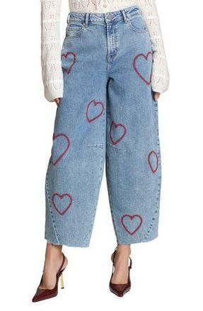 Avec Les Filles Heart Embroidered Barrel Jeans in Red Maeve/Blue Wash at Nordstrom Rack, Size 26