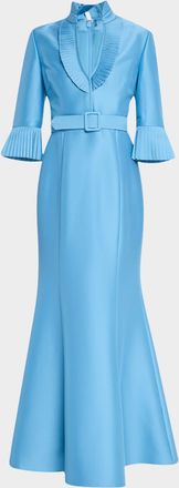 Badgley Mischka Pleated-Trim Trumpet Mikado Gown