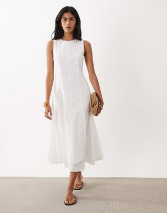 Mango Vestito midi bianco in 100% cotone ricamato con scollo a barchetta