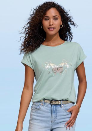 Vivance T-Shirt VIVANCE mit gl&auml;nzendem Frontprint, Damen, Gr. 32/34, mint, Single Jersey, Obermaterial: 50% Baumwolle, 50% Modal (TENCEL), bedruckt, Basic, Ru