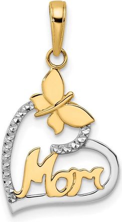 Diamond2Deal 14k Yellow Gold White Rhodium Diamond-cut Butterfly Mom in Heart Pendant