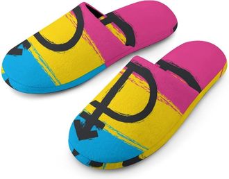 Generic Pansexual Pride Symbol Flag Flannel Mens Slip-on Slippers Winter Warm House Shoes with Rubber Sole for Home Hotel