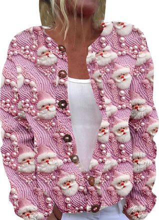 Generic Womens Christmas Open Front Pink Cardigans Vintage Santa Funny Print Long Sleeve V-Neck Holiday Sweaters Button Down Ribbed Cute Warm Plus Size Xmas T