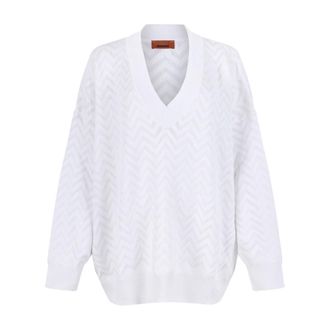 Missoni V-neck Knitwear, female, White, Size: XL Chevron Cotton and Viscose V-Neck Sweater