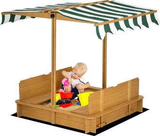 OEM Arenero Infantil Con Toldo Ajustable En Altura 2 Bancos Y Respaldos Desmontables Para Patio 106x106x115 Cm Natural