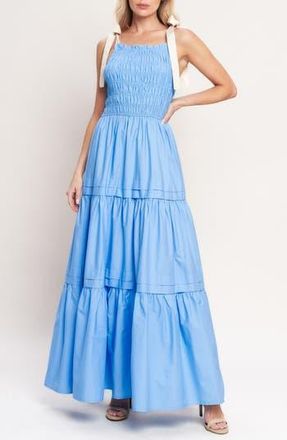Flying Tomato Smocked Bodice Tiered Maxi Dress in Blue at Nordstrom Rack, Size Medium