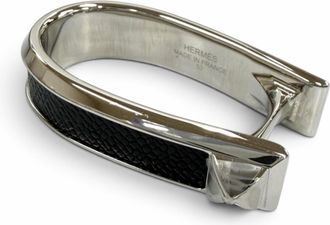 Herm&egrave;s Silver Black Epsom Leather Metal Band Ring (Pre-Owned)