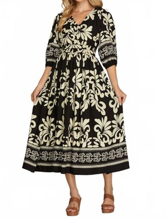 She + Sky 3/4 Sleeve V-Neck Woven Midi Dress With Side Pocket In Black