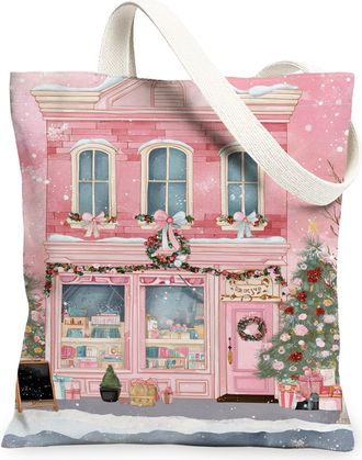 Generic Winter Canvas Tote Bags, Charming Storefront Design Reusable Grocery Bags, Vintage Lightweight Washable Shoulder Strap for, Peach, 13x15 Inch