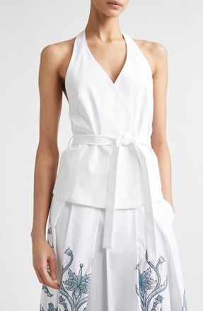Eleventy Belted Stretch Cotton & Lyocell Halter Top in 01 White at Nordstrom, Size 14 Us