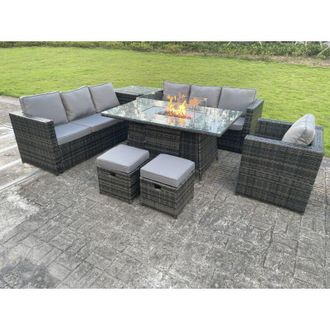 Fimous Fimous Outdoor Rattan Garden Furniture Gas Fire Pit Dining Table Gas Heater Sets Lounge Chairs Small Footstools Dark Mixed Grey 9 Seater
