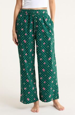 Open Edit Print Flannel Boxer Pajama Pants in Green Polka Dot Rose at Nordstrom, Size X-Large