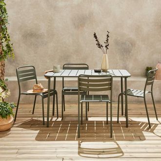 Sweeek 4-seater Rectangular Steel Garden Table With 4 Chairs in Khaki