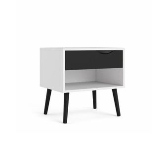 ebuy24 Mesita de noche napoli con 1 caj&oacute;n y 1 estante en color blanco y negro