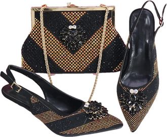 Generic Womens Luxury Rhinestone Flowers Pointed Toe Stiletto High Heel Shoes and Gold Long Chain Shoulder Strap Bags