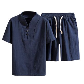 Generic Mens Linen Sets 2 Piece Summer Casual Outfit Suit Lightweight Loose Fit Short Sleeve Button-up Henley Shirt & Drawstring Elastic Waist Shorts Breathab