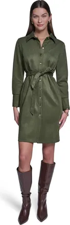 Halston Heritage Long Sleeve Suede Shirt Dress in Olive at Nordstrom, Size 10