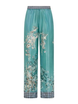 Seventy Pants in green silk with floral print