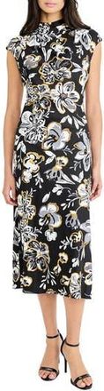 Maggy London Floral Mock Neck Cap Sleeve A-Line Midi Dress in Black/Grey at Nordstrom Rack, Size 18 (Similar To 16W)