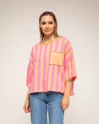 Tantra Gestreepte sweatshirt met korte mouwen, zakken en gerafelde afwerking