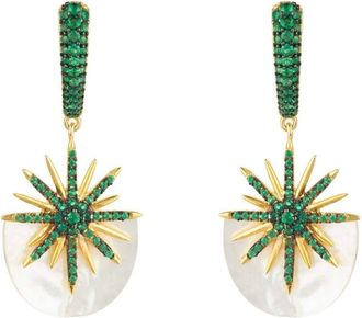 Latelita London Sunburst White Mother Of Pearl Earrings Emerald Green Gold