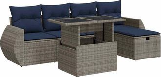 vidaXL 6 Piece Garden Sofa Set with Cushions Grey Poly Rattan Acacia Vidaxl