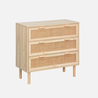 Sweeek Sweeek - Arc&oacute;n De 3 Cajones Con Ca&ntilde;a Y Efecto Madera, Camargue, Natural, 80x40x80 Cm
