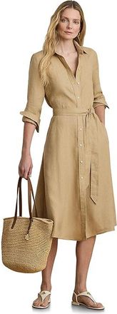 Lauren Ralph Lauren Belted Linen Shirtdress Womens Dress Birch Tan : 10