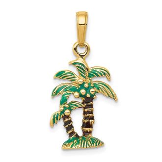 Diamond2Deal 14k Yellow Gold 3-D Enameled Palm Trees Pendant