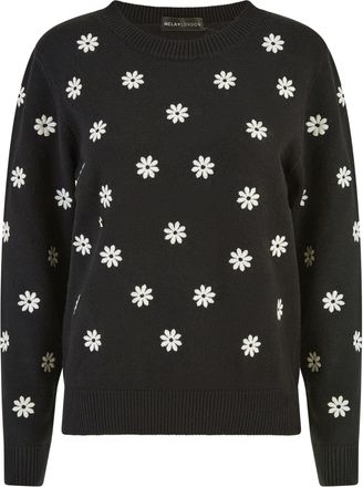 Yumi Black All Over Embroidered Daisy Knitted Jumper L Black