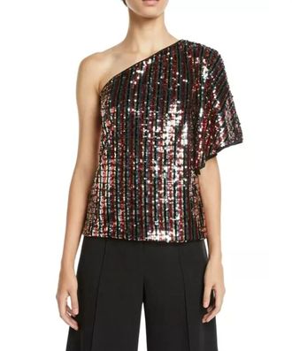 Milly One Shoulder Sequined Butterfly Sleeve Top In Multi