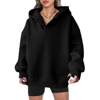 Generic Womens Black Hoodie Womens Oversized Hoodies V Neck Sweatshirts Fleece Long Sleeve Pullover Y2k Clothes 2025 Fall Black XX-Large