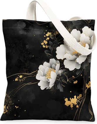 Generic Spring Japanese Peony Canvas Tote Bag for Shopping 13x15, Asia Chinese Japan Flower Reusable Grocery Print Pattern Bag for Women, Cool Floral Beach Ae